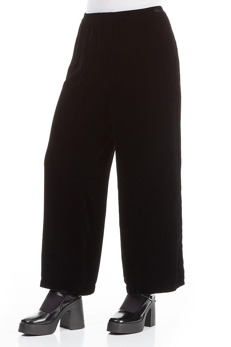 Wide Straight Black Silk Velvet Trousers 3