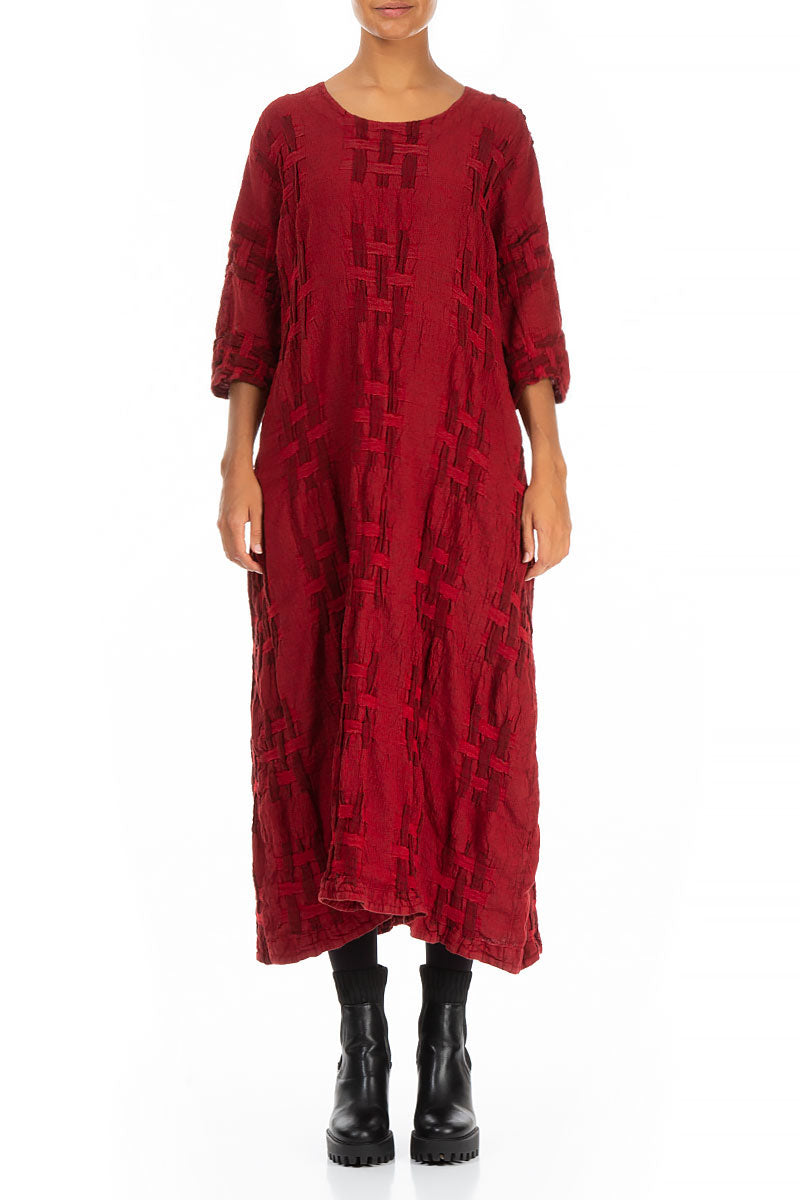 Woven Texture Red Linen Shift Dress