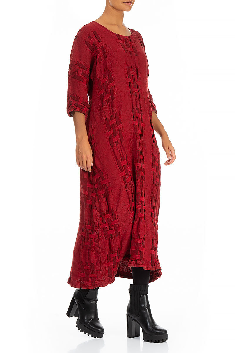 Woven Texture Red Linen Shift Dress