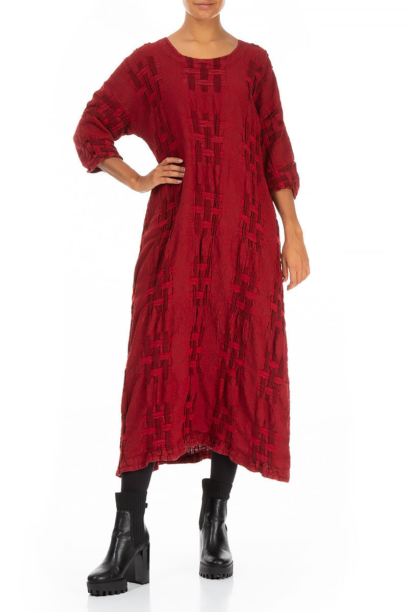 Woven Texture Red Linen Shift Dress