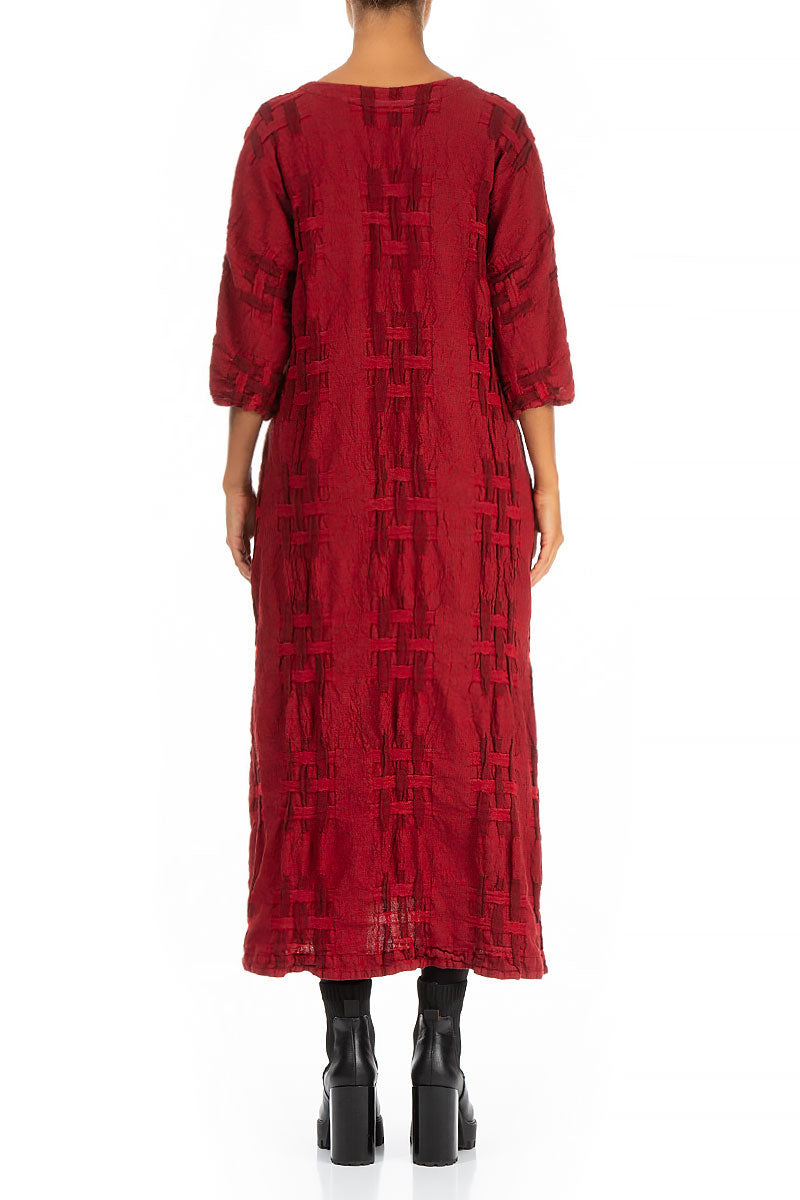 Woven Texture Red Linen Shift Dress